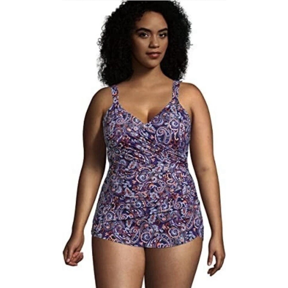 Lands' End Women's Slender V-Neck Tunic One Piece Swimsuit Sz 18 Navy Cruise NWT